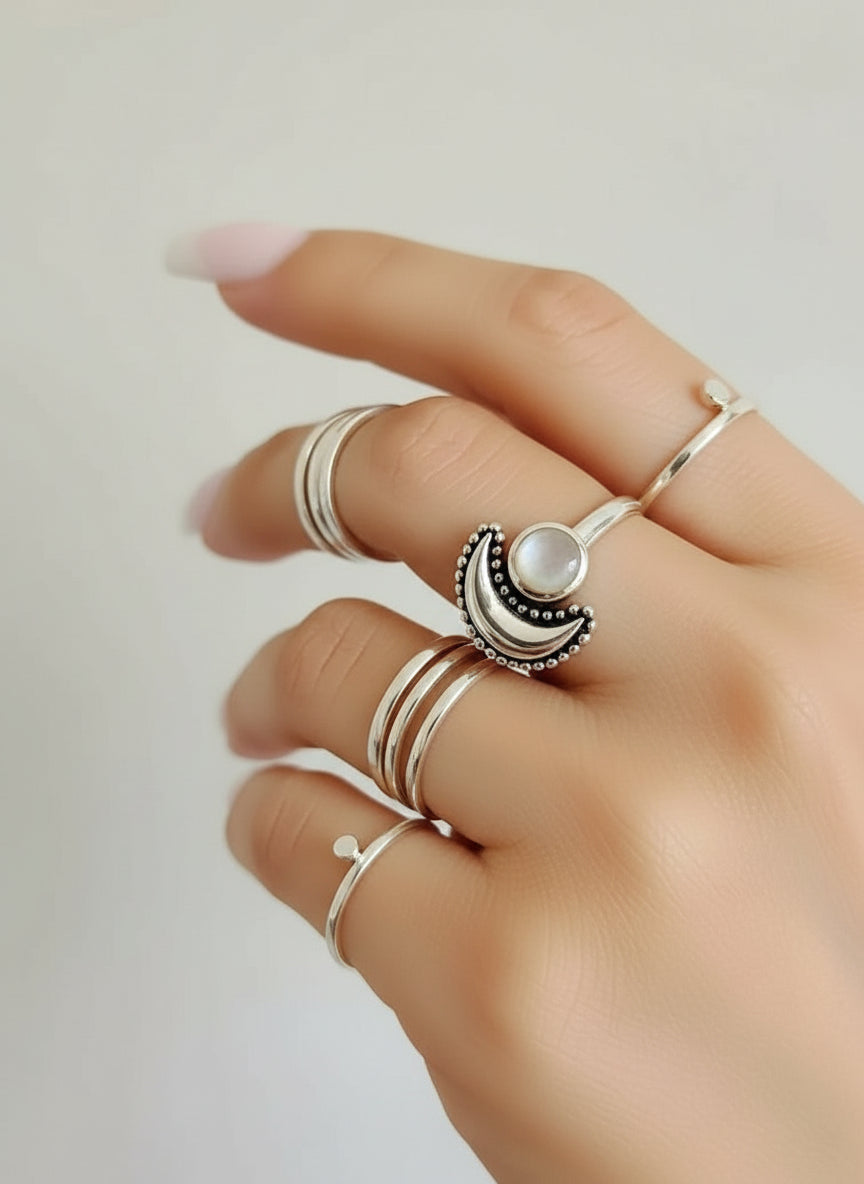 Sterling Silver Crescent Moonstone Moon Ring