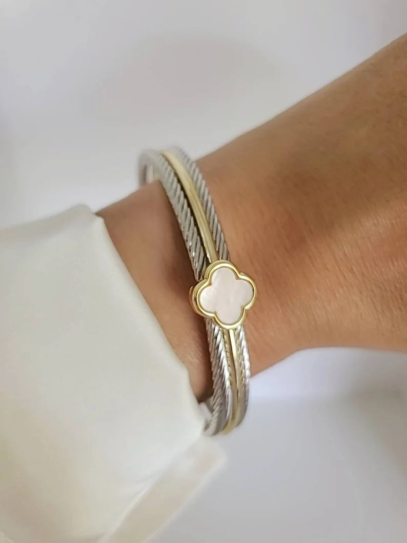 Mother of Pearl Clover Bangle Bracelet