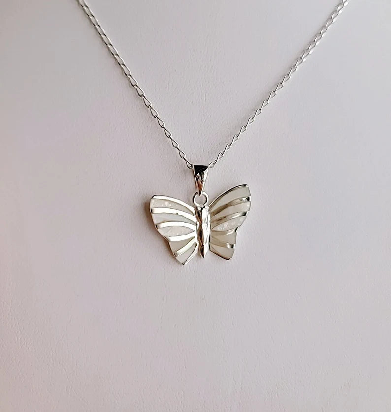 Mother of Pearl Butterfly Sterling Silver  Necklace Pendant with Chain