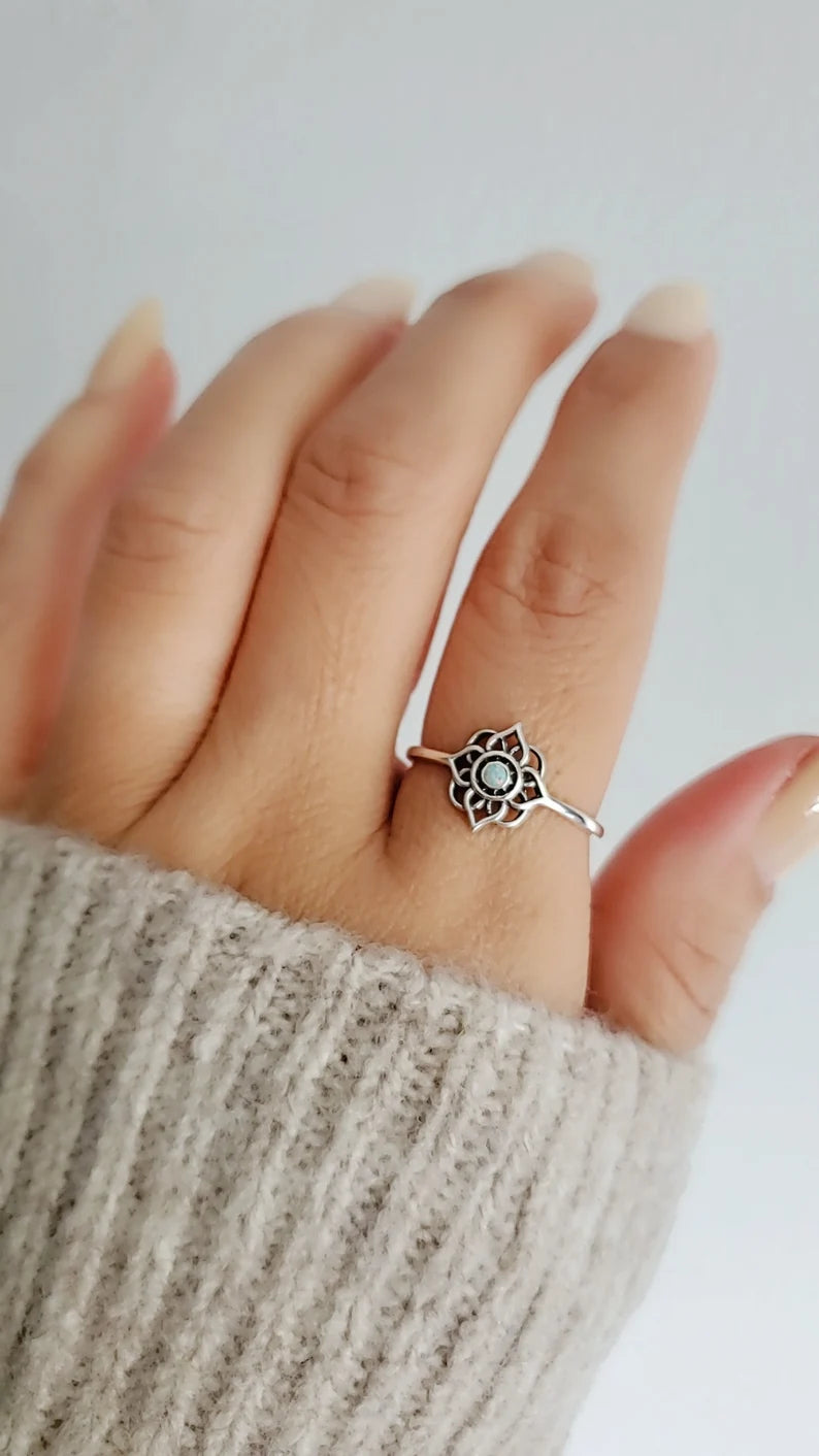 Sterling Silver White Opal Mandala Ring