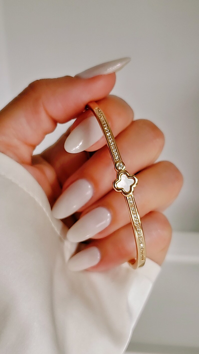 Gold Dainty Mother of Pearl Clover Bangle
