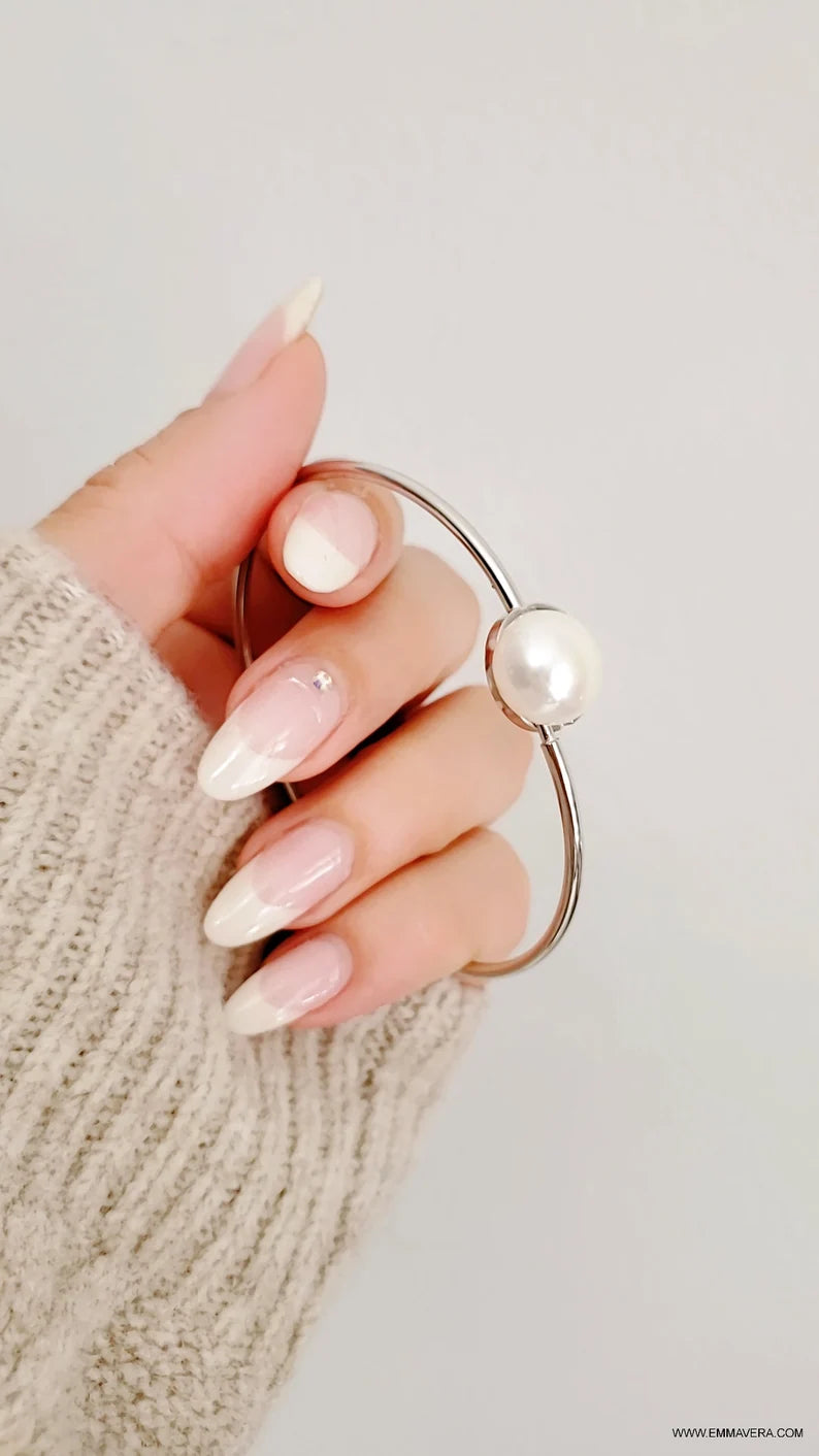 Sterling Silver 925 Halo Fresh Water Pearl Bangle Bracelet