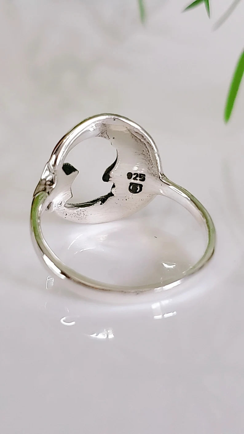 Crescent Moon Star Turquoise Sterling Silver Ring