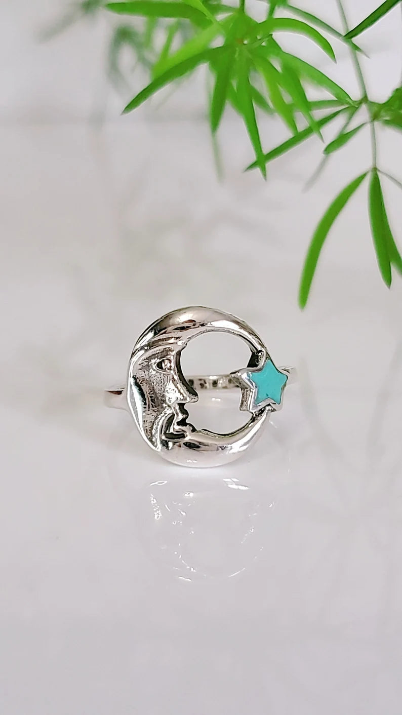 Crescent Moon Star Turquoise Sterling Silver Ring