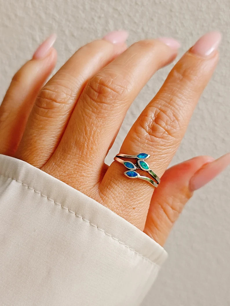 Sterling Silver Blue Opal Leaf Ring