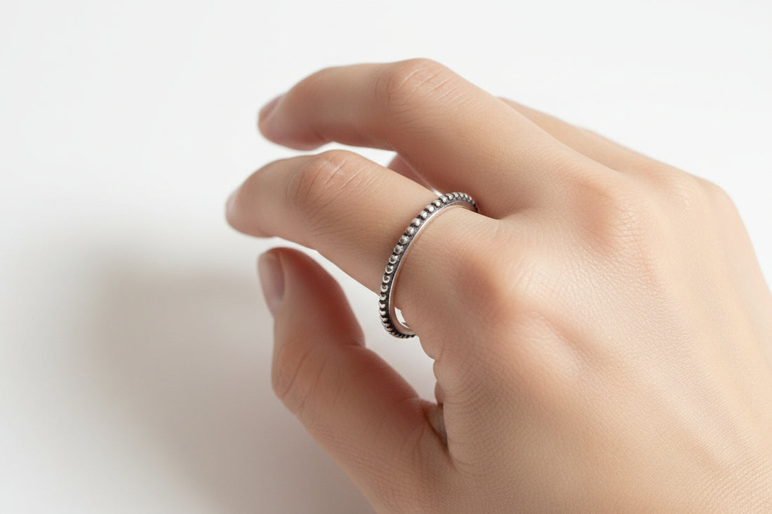 Sterling Silver Bali Beaded Thin Band Ring