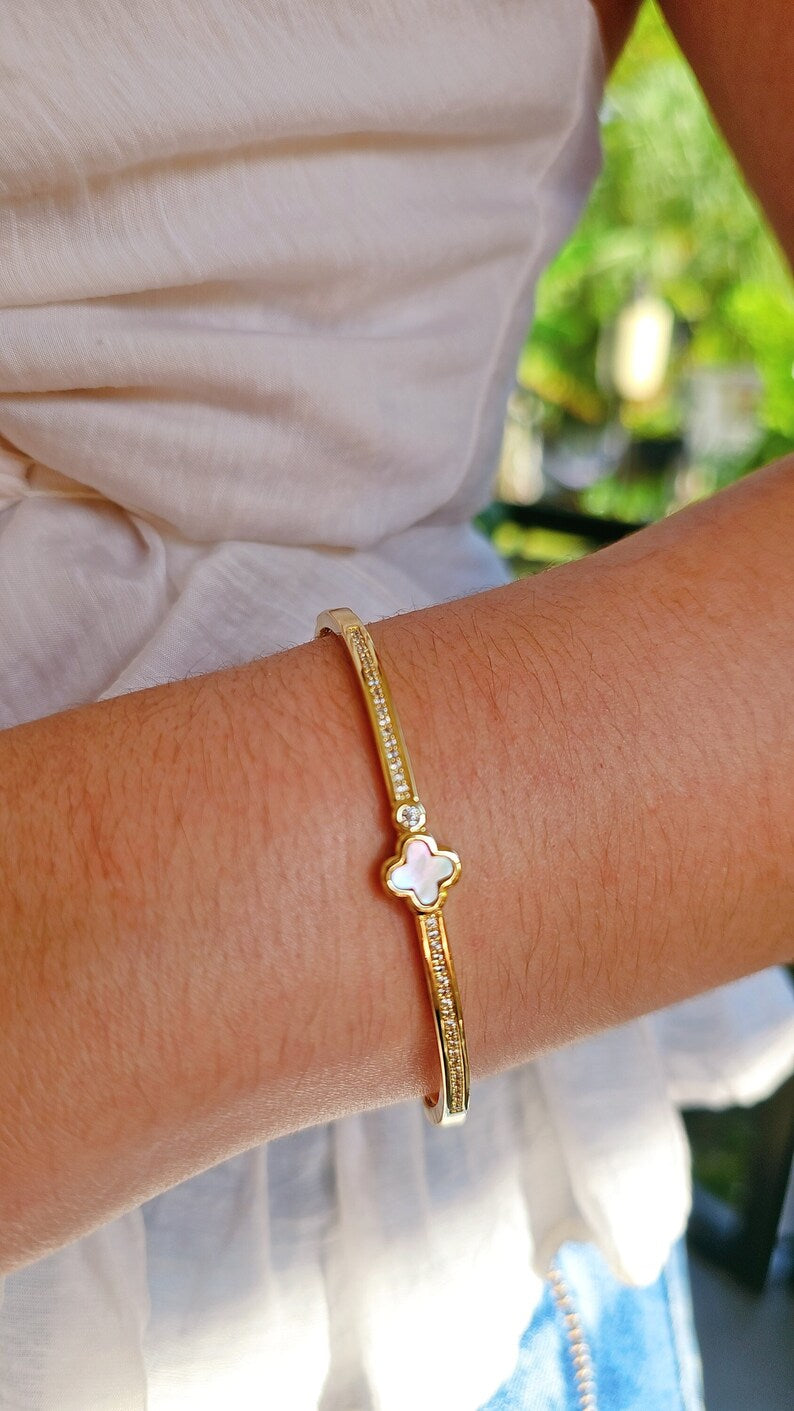 Dainty Mother of Pearl Clover Bangle