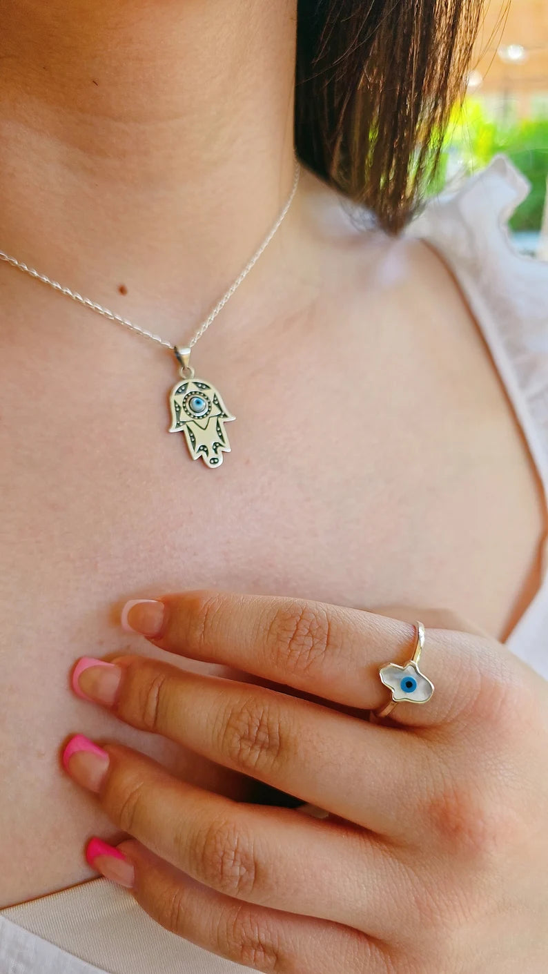 Sterling Silver Mother of Pearl Evil Eye Pendant Necklace