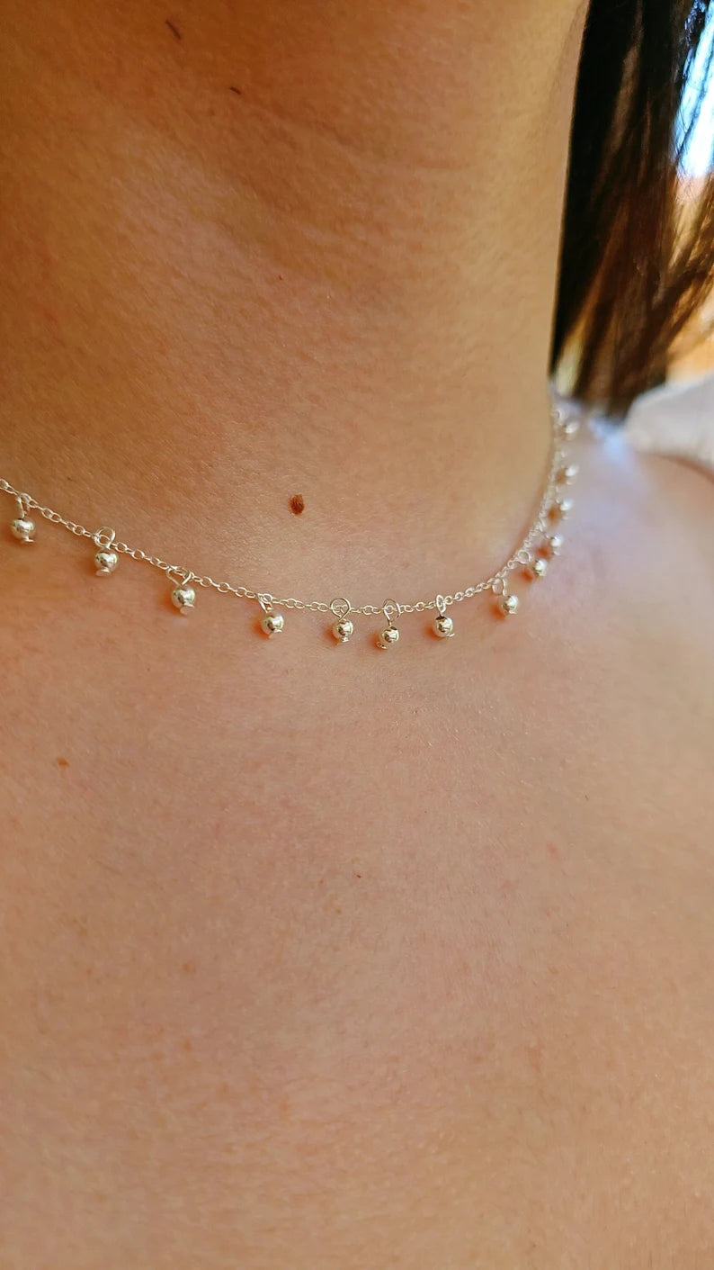 Sterling Silver Dangling Beads Chain Choker Necklace