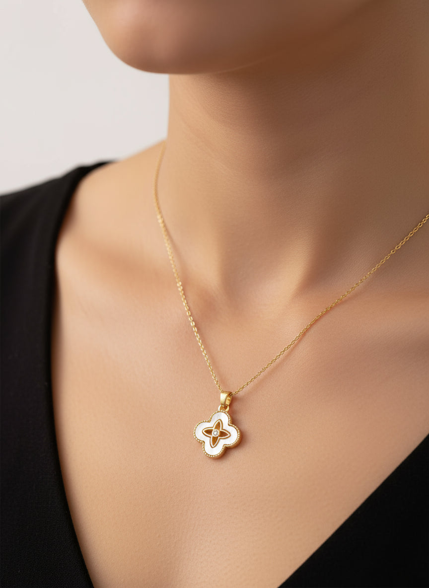 Gold Mother of Pearl Clover Necklace