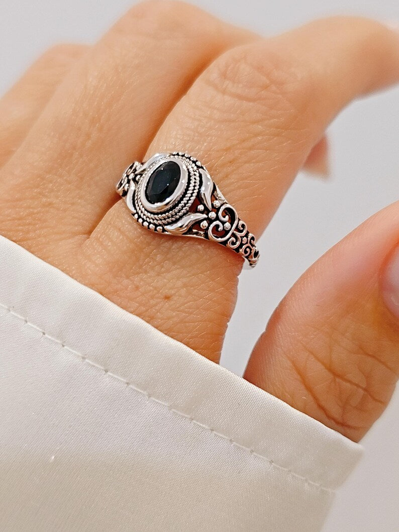 Oval Cut Black Onyx Sterling Silver Ring