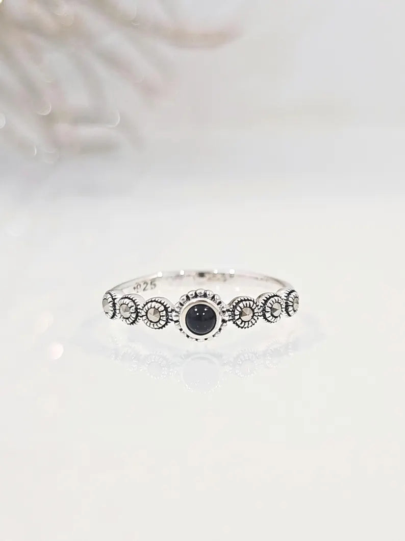 Sterling Silver Onyx Marcasite Ring