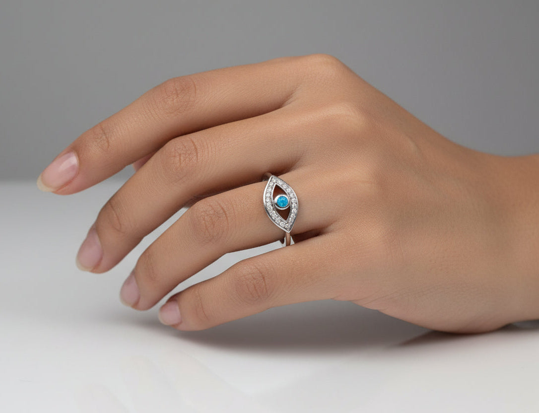 Sterling Silver Evil Eye Blue Opal Ring