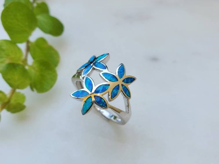 Hawaiian Plumeria Blue Opal Ring