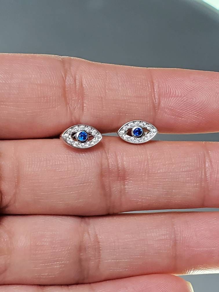 Blue Sapphire Evil Eye Stud Earrings