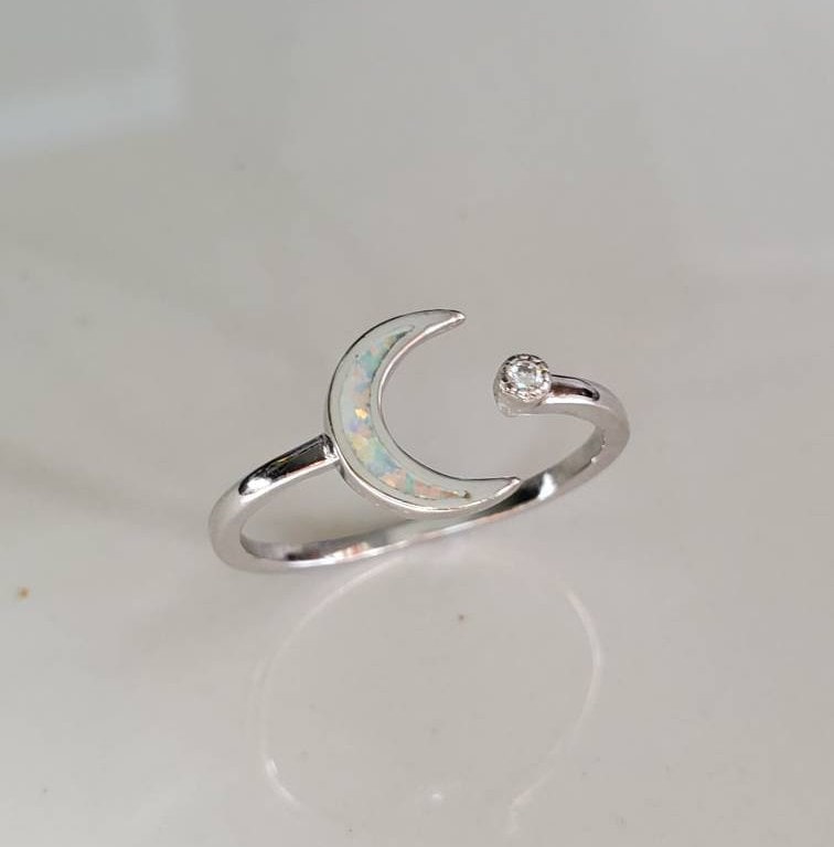 Sterling Silver Opal Crescent Moon and Star Ring