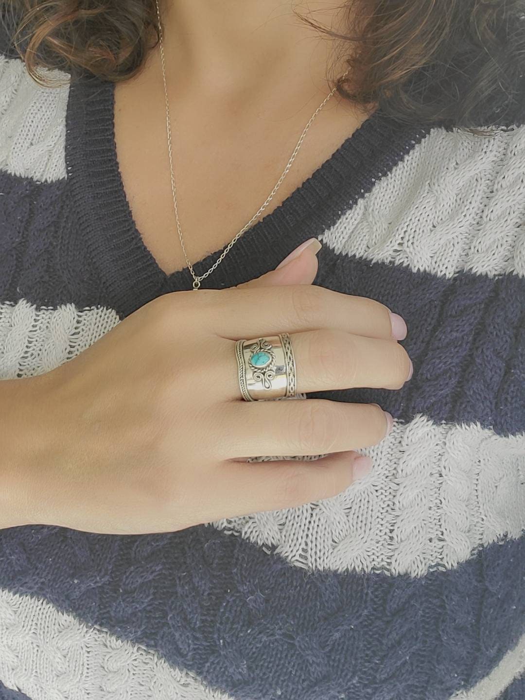Sterling Silver Bali Turquoise Concave Band Ring