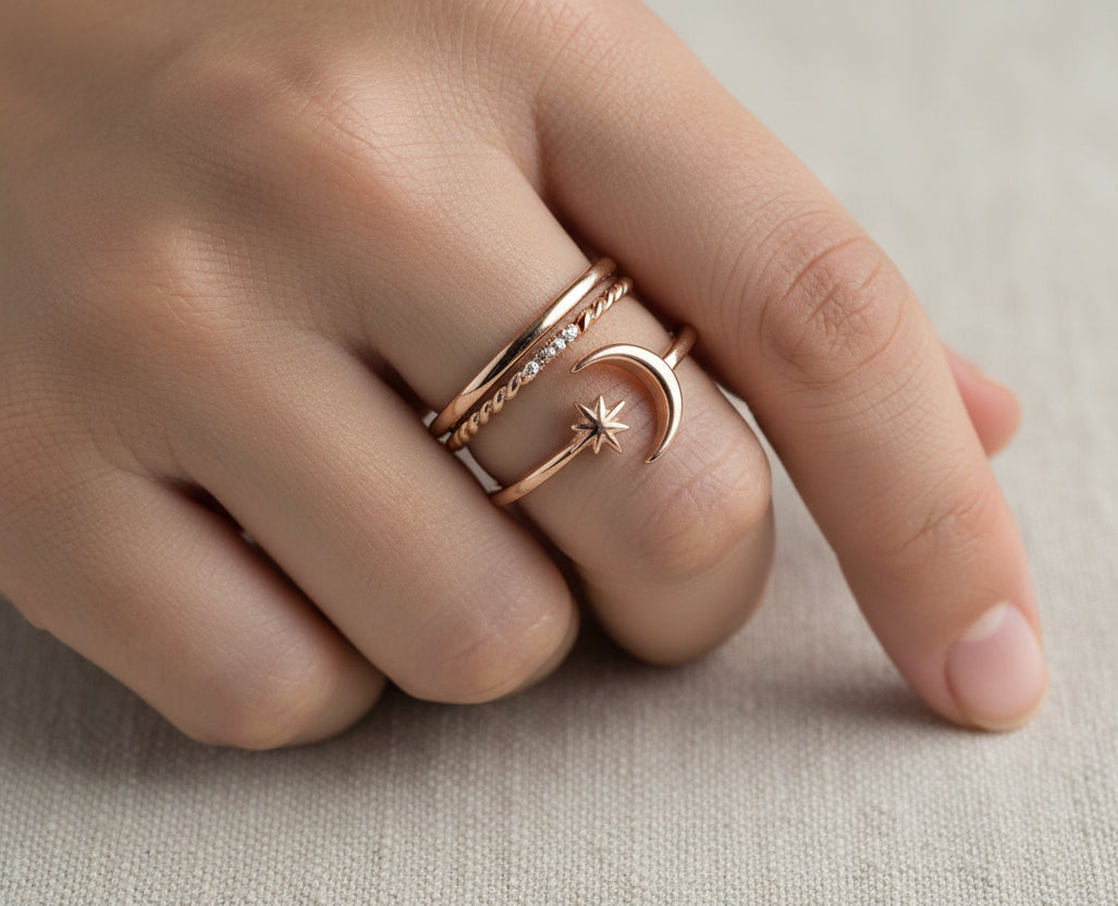 Sterling Silver Rose Gold Moon Star Ring