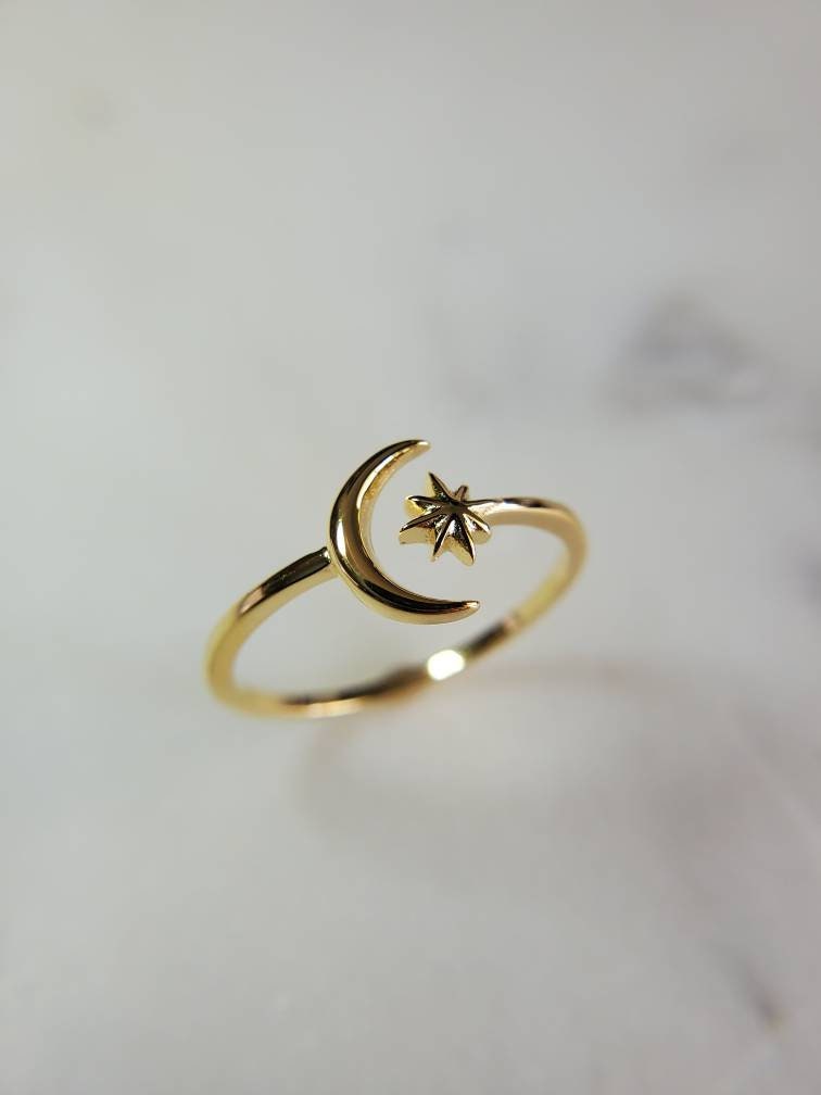 Thin Gold Moon Star Ring