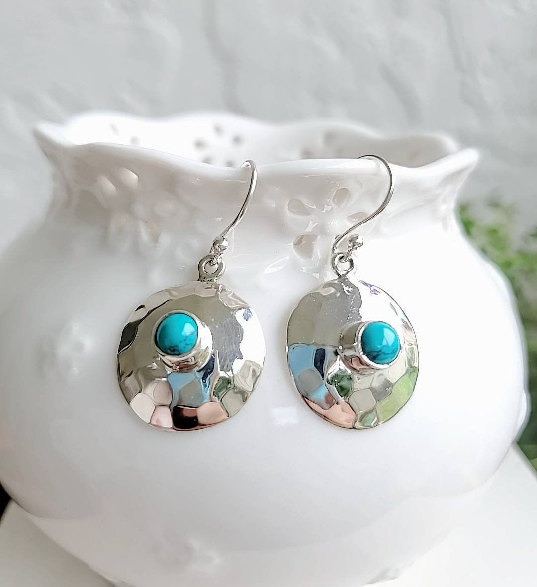 Elegant Handmade Hammered Turquoise Drop Earrings