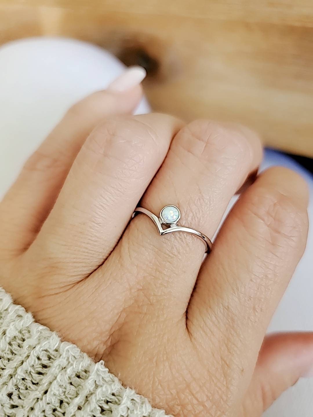 Minimalist Chevron White Opal Ring