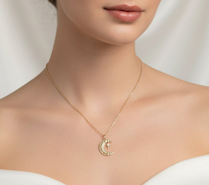 Gold Filled Starburst and Moon Pendant Set
