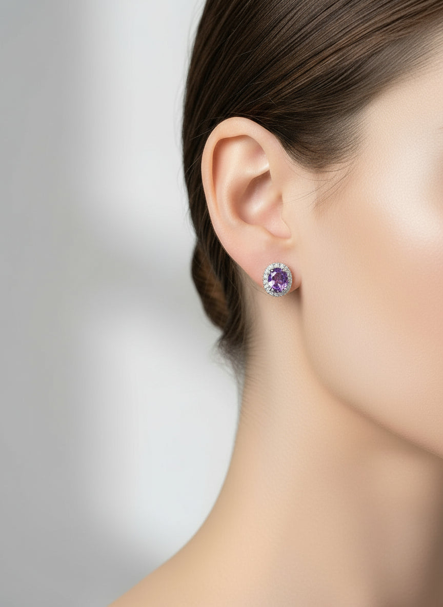Amethyst Halo Sterling Silver Earrings