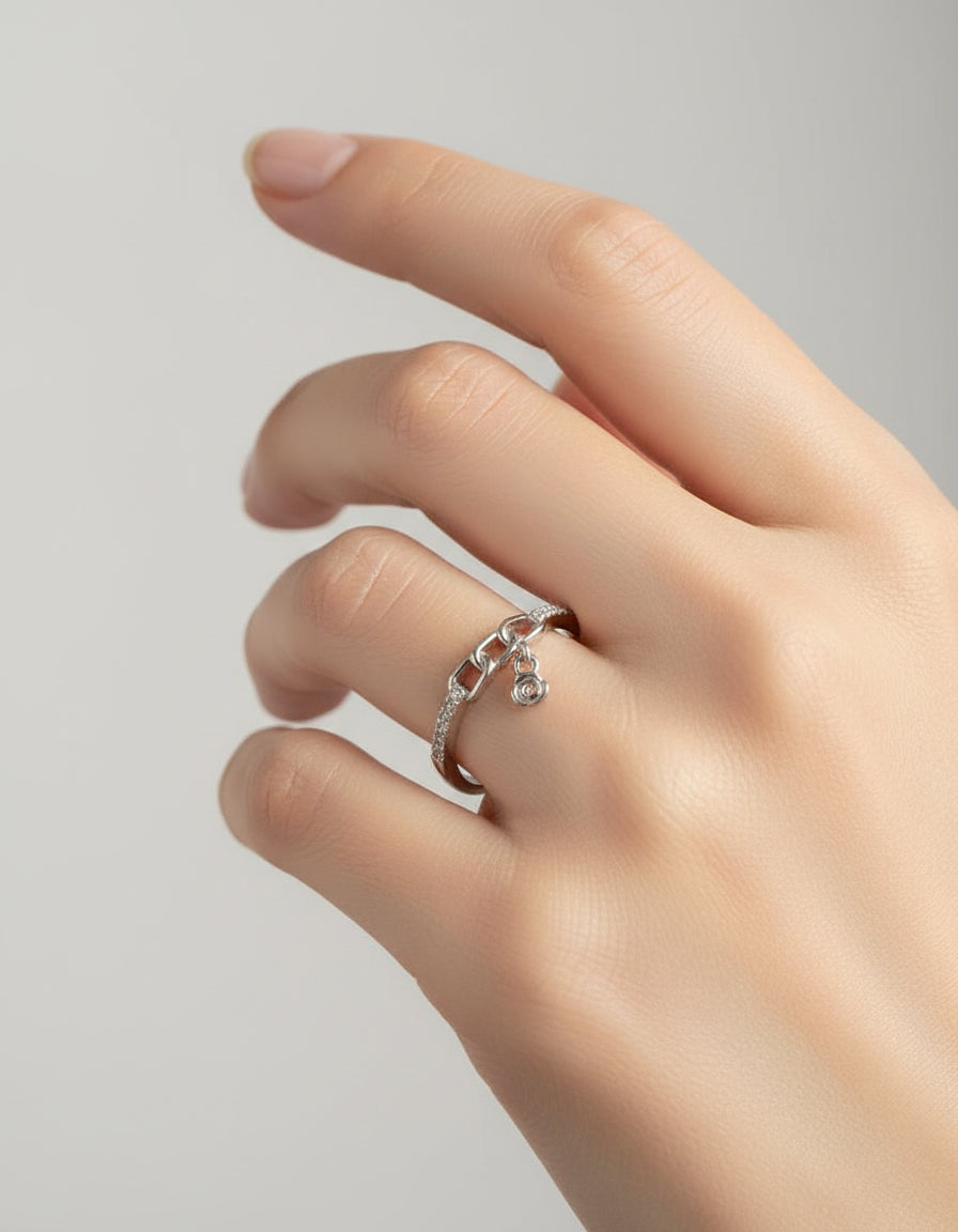 Sterling Silver Chain Ring with Dangling Flower