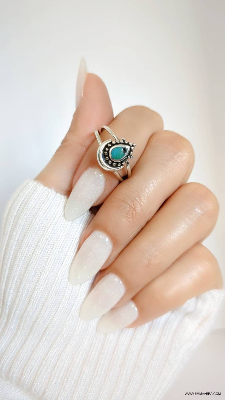 Sterling Silver Turquoise Beaded Crescent Moon Ring