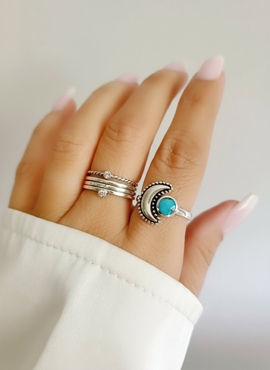 Sterling Silver Genuine Turquoise Crescent Moon Bali Ring