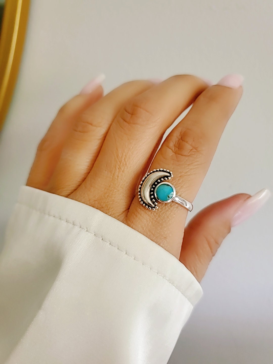 Crescent Turquoise Mandala Moon Ring