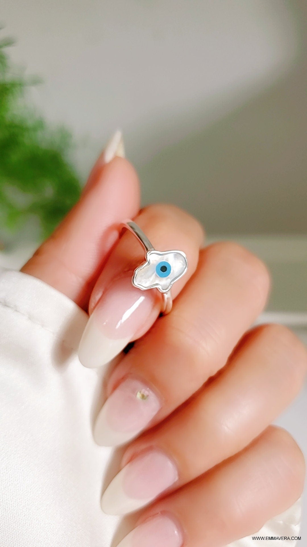 Mother of Pearl Hamsa Evil Eye Ring