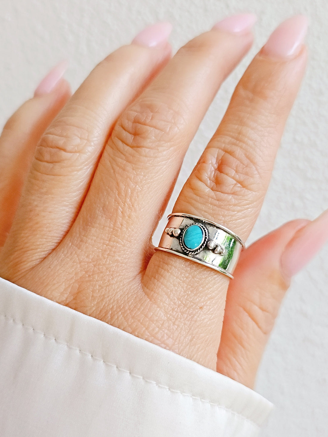 Sterling Silver Beaded Bali Turquoise Ring