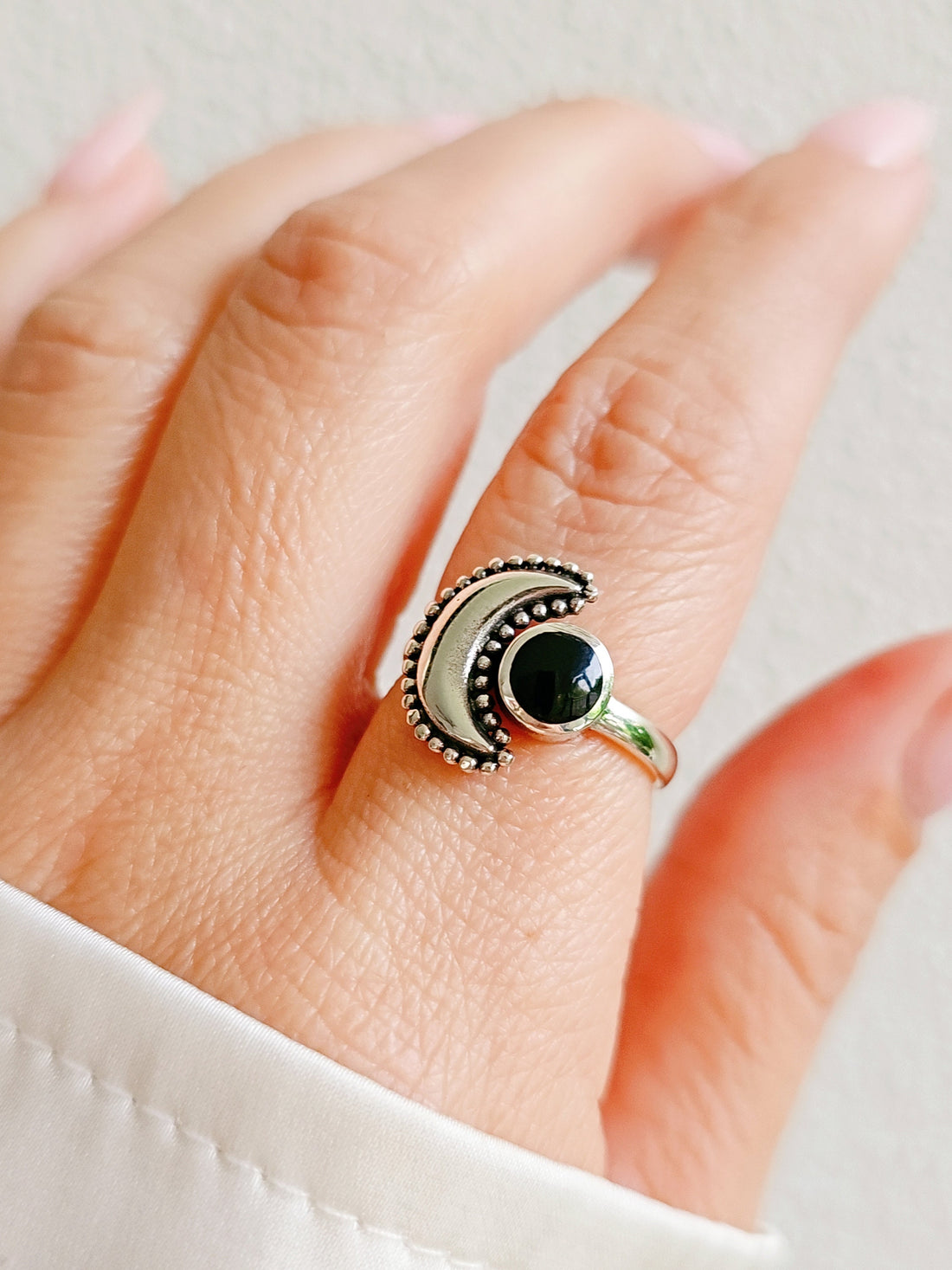 Sterling Silver Crescent Black Onyx Moon Ring