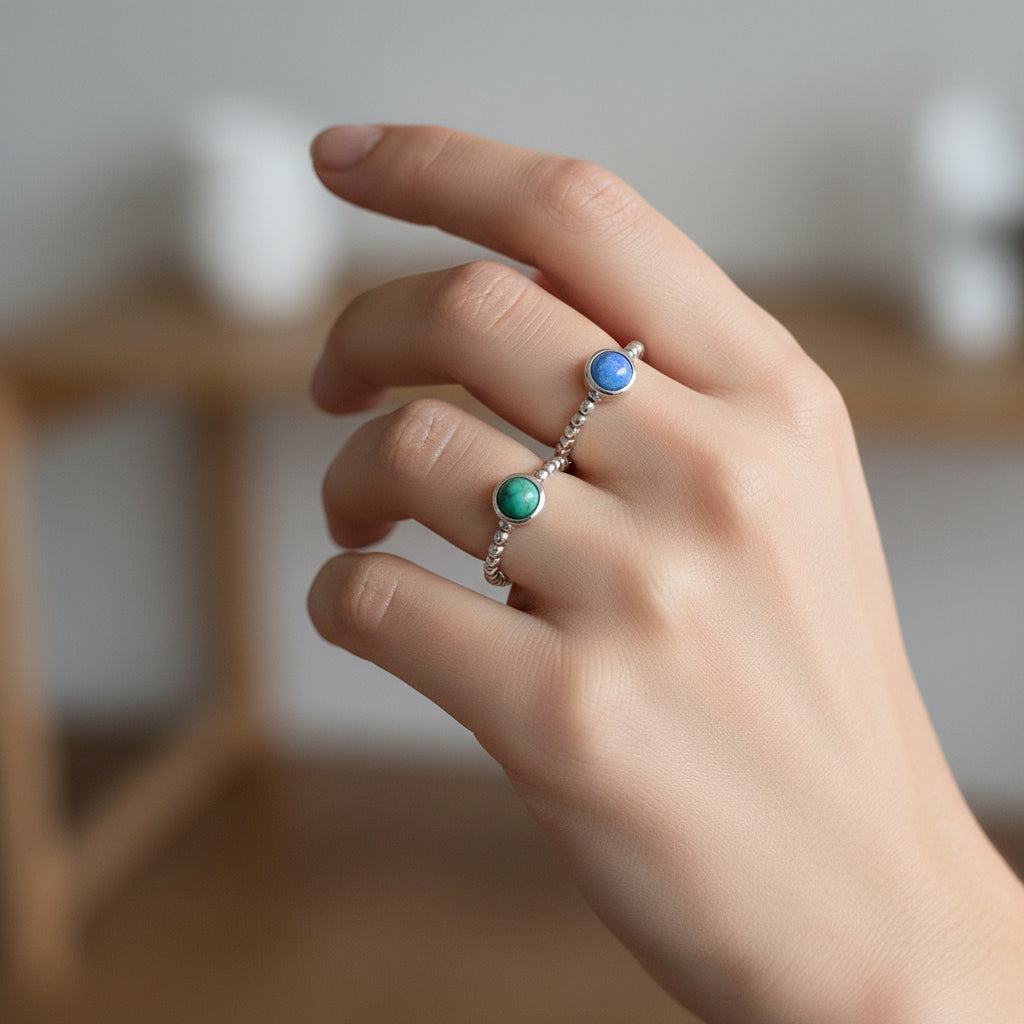 Sterling Silver Beaded Opal Ring Turquoise, Onyx, or Blue Opal