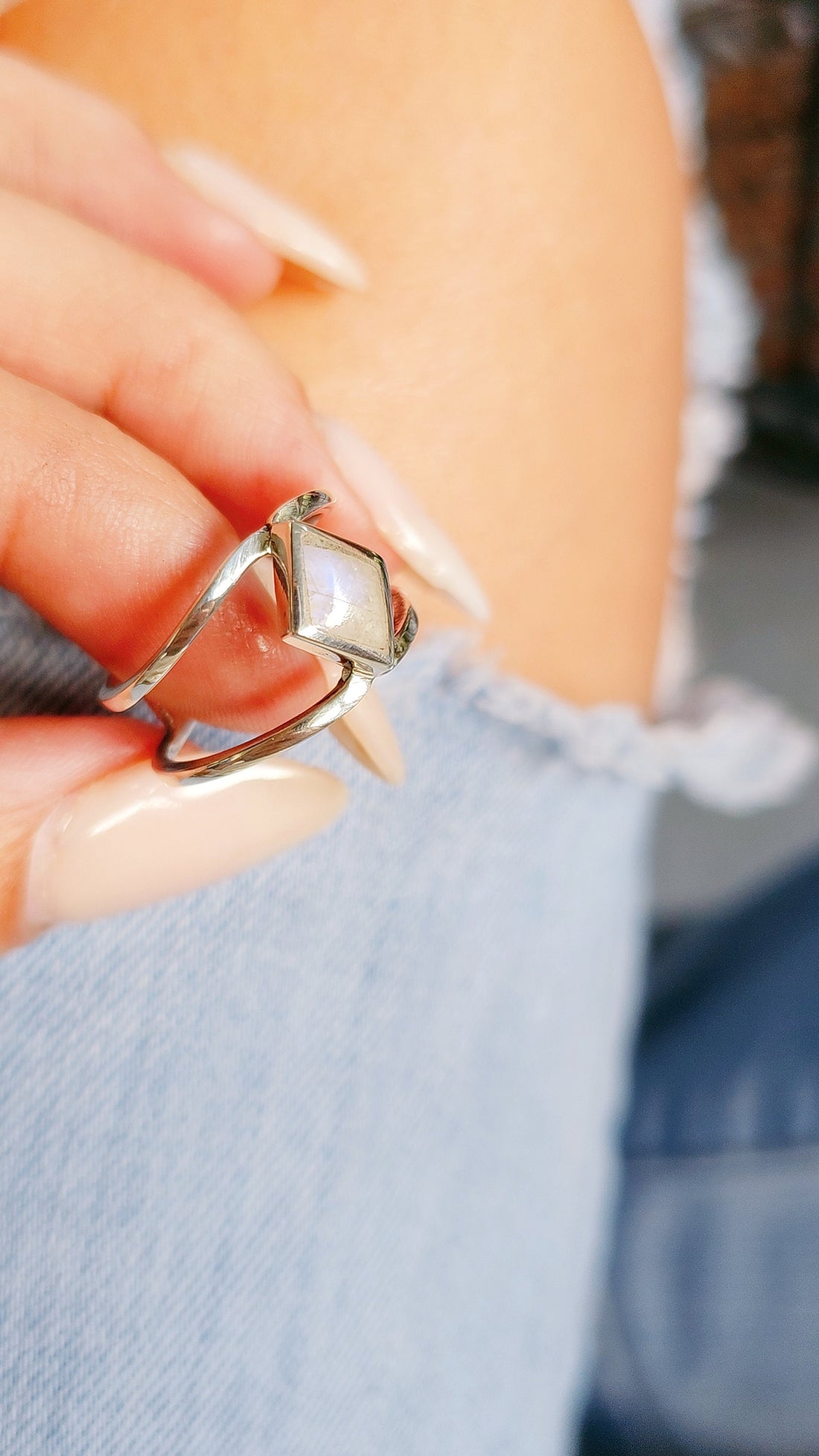 Sterling Silver 925 Moonstone Rainbow Double Band Ring