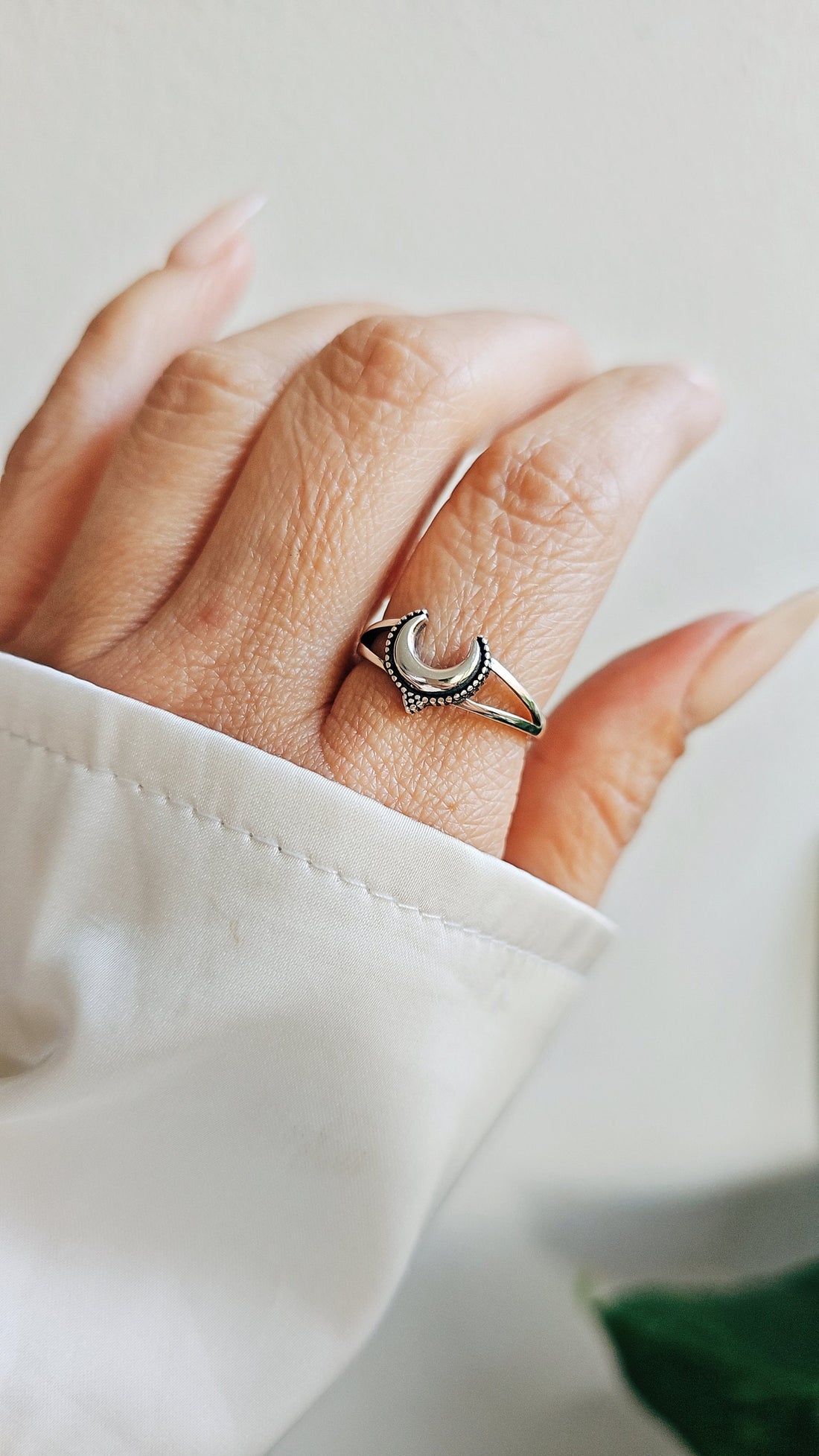 Sterling Silver Crescent Beaded Moon Ring