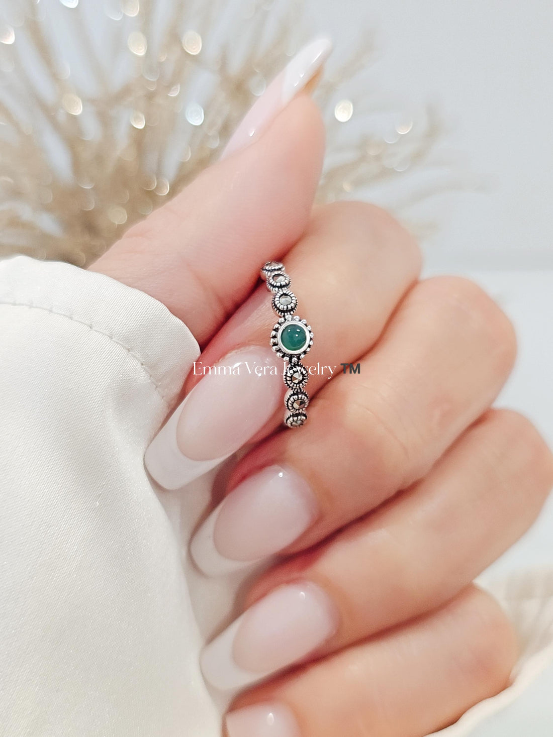 Sterling Silver Emerald Marcasite Ring