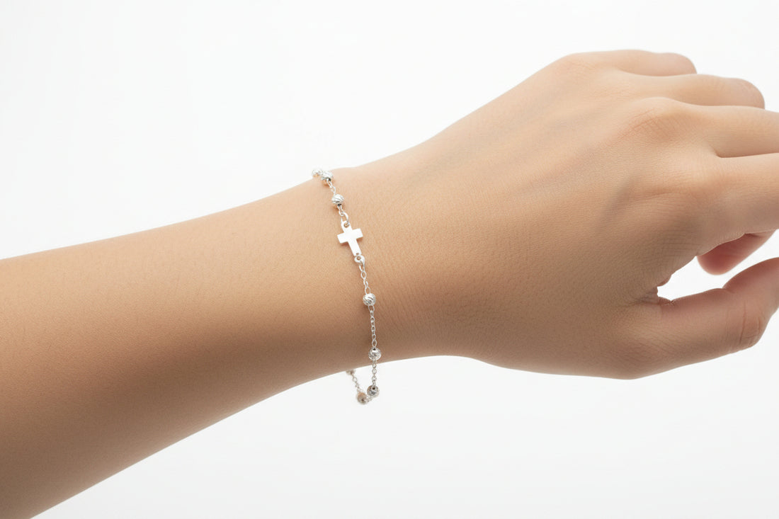 Sterling Silver Dainty Cross Beaded Bracelet