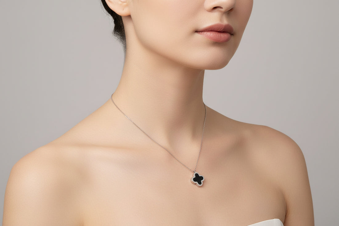 Silver Mother of Pearl, Black Clover Necklace