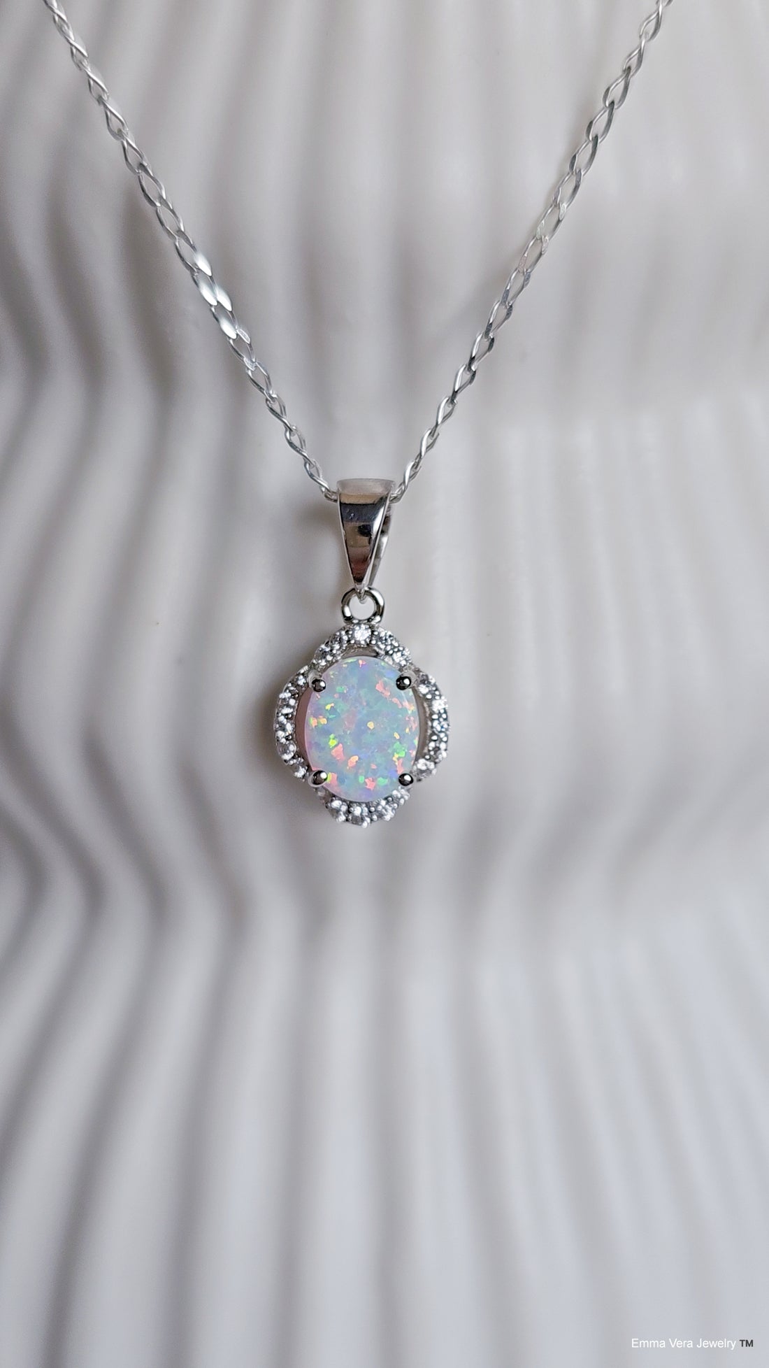 Sterling Silver White Opal Halo Pendant Necklace