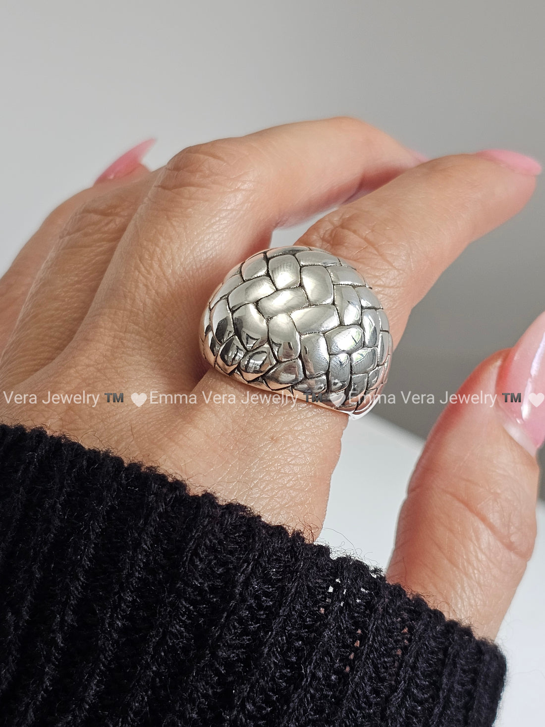 Sterling Silver Basket Dome Wide Chunky Ring