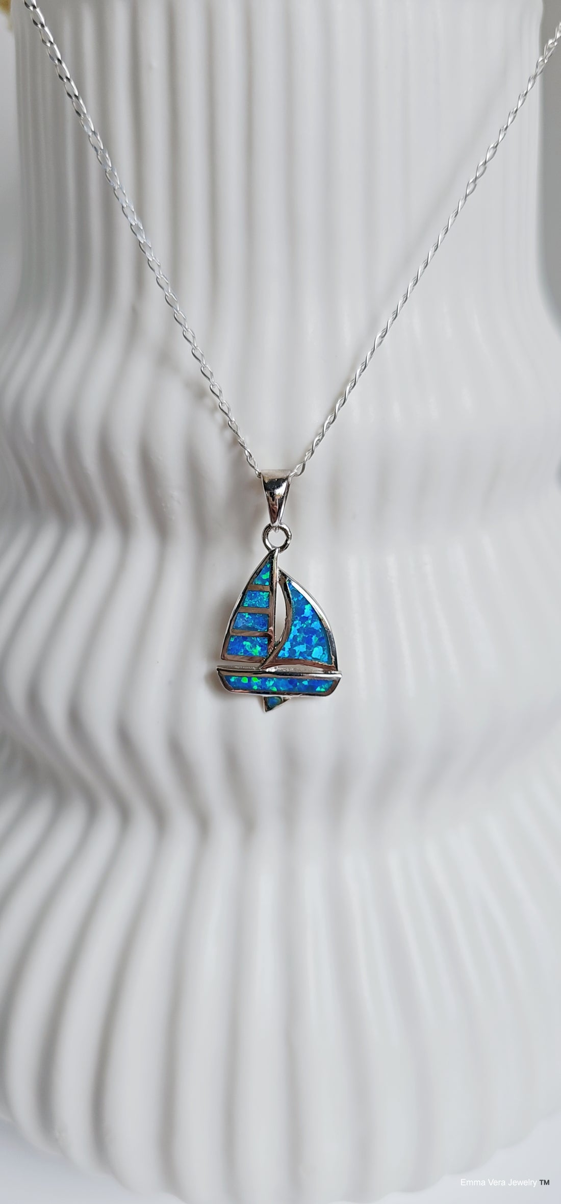 Sterling Silver Sailboat Blue Lab Opal Necklace