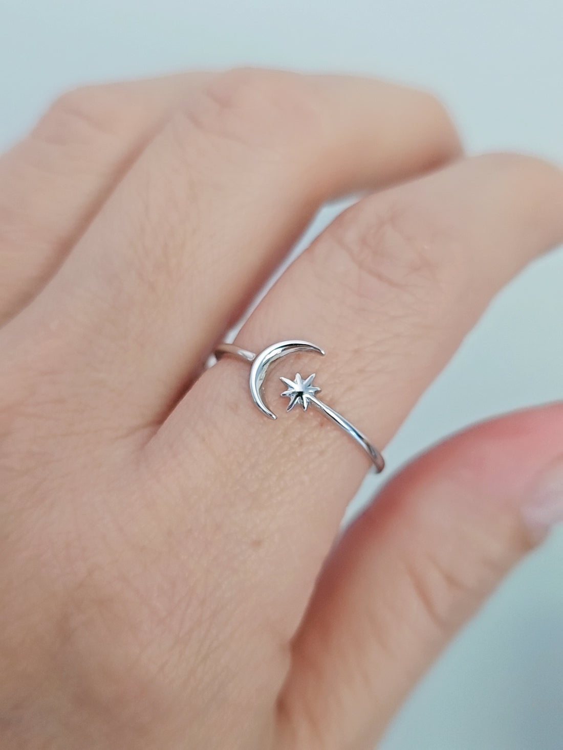 Sterling Silver Thin Crescent Moon Star Ring