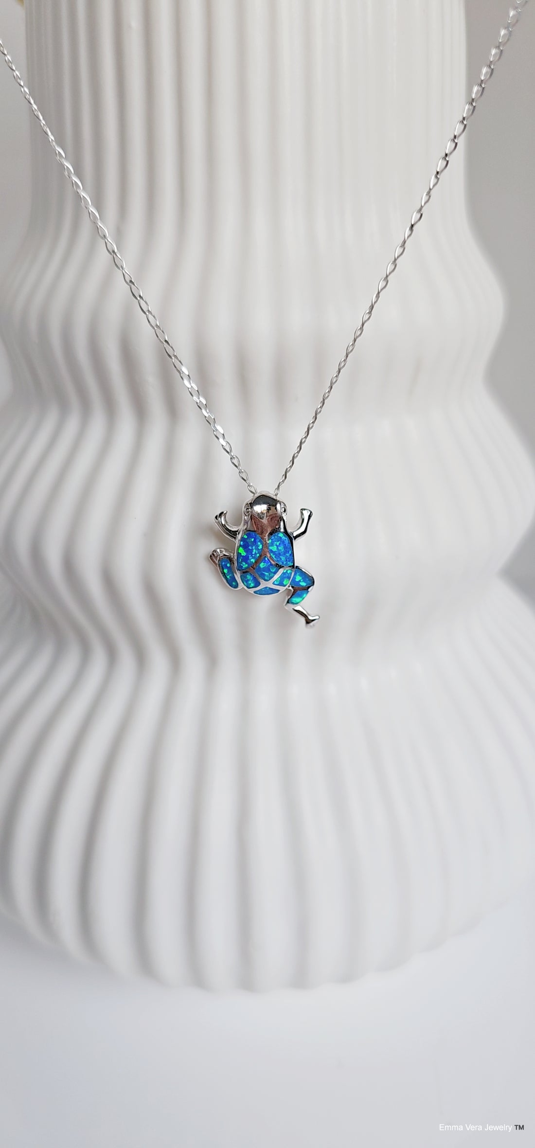 Sterling Silver Blue Opal Frog Pendant Necklace