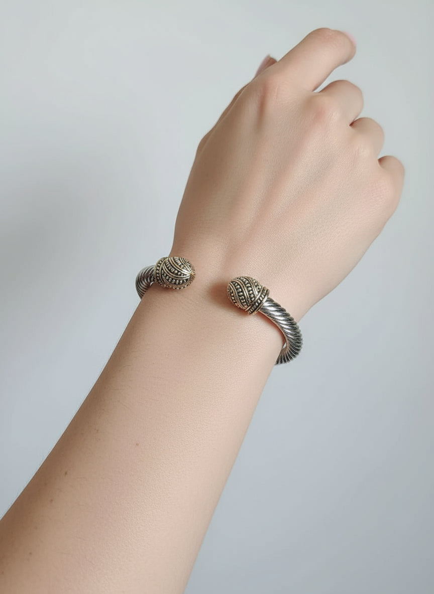 Double Dome Silver Cable Bangle Bracelet