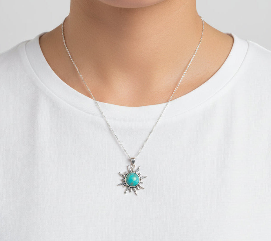 Sterling Silver Turquoise Sun Pendant & Chain