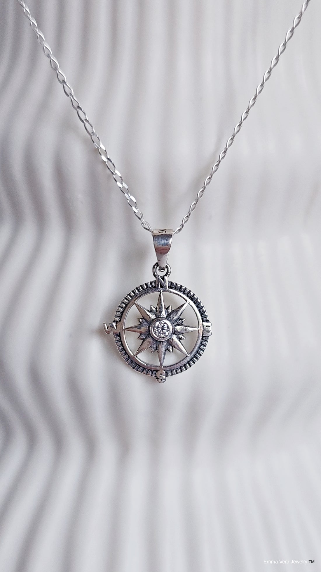 Sterling Silver Nautical Compass Pendant Necklace