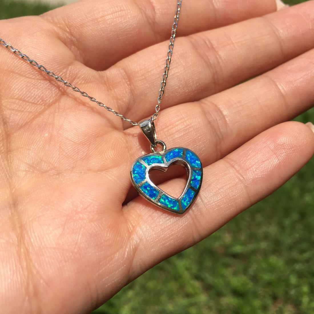 Blue Opal Sterling Silver Heart Necklace