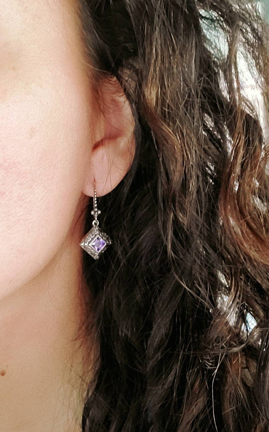 Bali Square Amethyst Sterling Silver Earrings